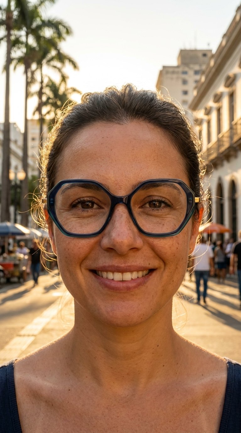 Mulher usando óculos de grau Furla na rua